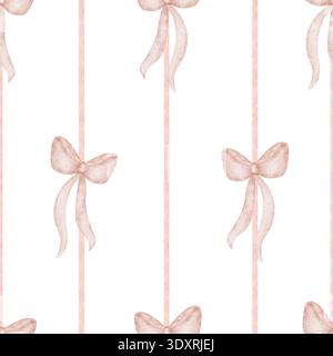 Motif noeuds rubans roses sur fond rayé. Illustrations aquarelle dans un style rétro enfantin. Imprimé sans couture dessiné à la main dans des couleurs pastel pour Banque D'Images