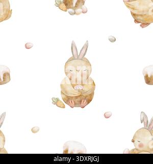 Motif poussins en oreilles de lapin, œufs colorés, gâteau de Pâques. Illustrations aquarelle poulets, nourriture style enfants. Imprimé dessiné à la main, isolé de Banque D'Images