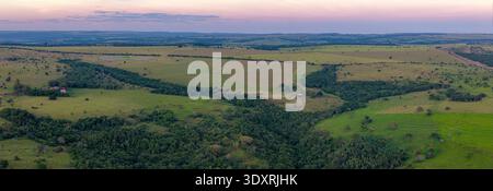 Drone panorama aérien des terres agricoles rurales et des pâturages dans la campagne brésilienne avec terrain vallonné et paysage agricole au lever du soleil. Banque D'Images