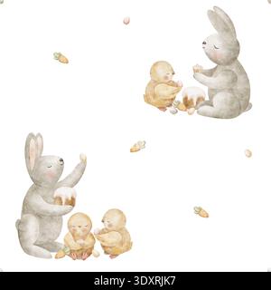 Motif lapins, poussins, gâteau de Pâques œufs cupcake, carotte. Illustrations aquarelle animaux mignons lapin dans le style des enfants. Impression sans couture, dessinée à la main Banque D'Images