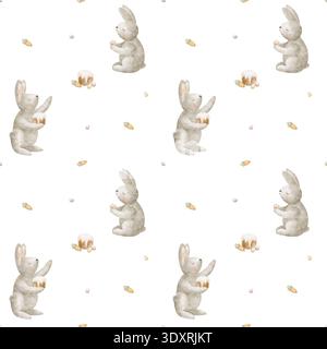 Motif gâteau lièvre de Pâques œufs cupcake carotte. Illustrations aquarelle animal lapin style enfants. Impression sans couture lapins nourriture de vacances dessinée à la main Banque D'Images