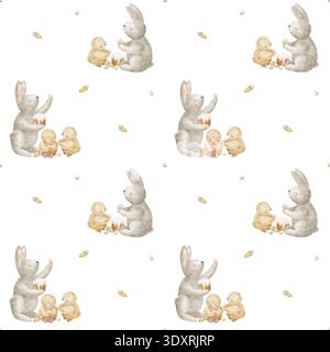 Motif lapins, poussins, gâteau de Pâques œufs cupcake, carotte. Illustrations aquarelle animaux mignons lapin dans le style des enfants. Impression sans couture, dessinée à la main Banque D'Images