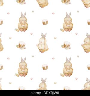 Motif poussins en oreilles de lapin, œufs colorés, gâteau de Pâques. Illustrations aquarelle poulets, nourriture style enfants. Imprimé dessiné à la main, isolé de Banque D'Images