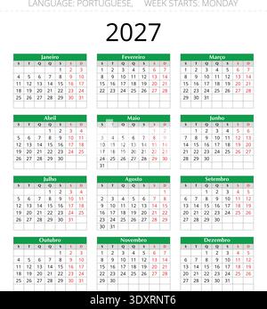 Calendrier portugais imprimable 2027 pour le Portugal en format vertical avec disposition vectorielle mensuelle organisée 
 Illustration de Vecteur