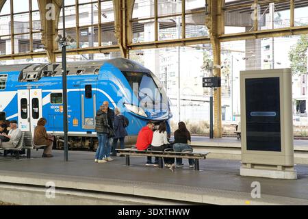 Le train régional Blue Zou attend sur le quai historique de la Gare de Nice ville pendant que les passagers s'assoient sur des bancs et discutent sous la verrière en fer ornée.Nice Banque D'Images