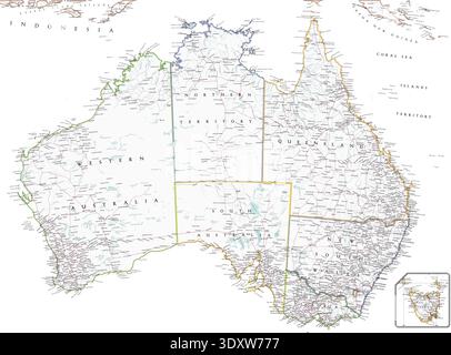 Carte politique de l'Australie. Super haute qualité. Détaillé avec des milliers d'étiquettes de noms de lieux. Banque D'Images