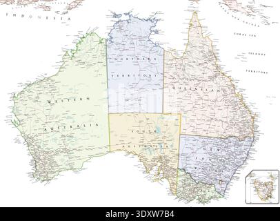 Carte politique de l'Australie. Super haute qualité. Détaillé avec des milliers d'étiquettes de noms de lieux. Banque D'Images