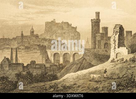 Château d'Édimbourg sur le Castle Rock, vue sur la ville, Écosse, illustration historique 1844 Banque D'Images