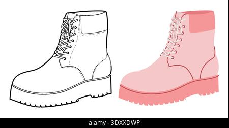 Rose grosse dentelle bottine femmes plat plus ligne set. Col rembourré avec crampons pour une sortie nocturne et un look de style de vie. Illustration de mode technique CAD maquette mixte vecteur hommes unisexe style chic isolé. Illustration de Vecteur