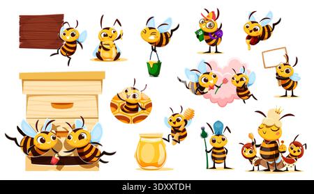 Dessins animés personnages drôles d'abeilles volant avec des seaux de miel près de ruche d'abeille à la ferme apicole. Ouvriers d'abeille mignons de vecteur et personnages d'insecte de reine avec des nids d'abeilles, des pots de miel, des fleurs et un panneau de signe en bois Illustration de Vecteur