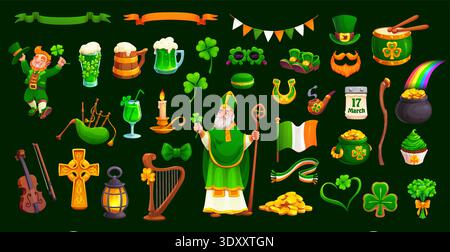 Joyeux personnages de dessins animés de la Saint Patrick et actifs de jeux alimentaires. Chapeau de festival Vector Ireland, mignon leprechaun et St Patrick, fer à cheval chanceux, arc-en-ciel et pot d'or. Trèfles et pièces de monnaie irlandaises Illustration de Vecteur