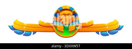 Ornement Égypte antique, frontière égyptienne de cadre de vecteur de division avec masque de pharaon en coiffe bleue et jaune rayée. Actif de jeu d'arcade du musée de l'Égypte ancienne avec des ailes dorées et des pierres précieuses bleues comme des plumes Illustration de Vecteur