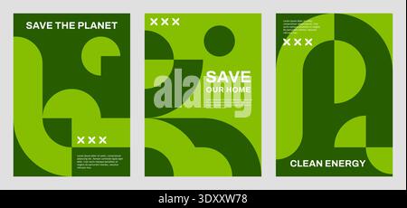 Affiches d'environnement écologique avec motif abstrait géométrique vert. Fond vectoriel de formes vertes modernes et d'éléments géométriques. Set d'affiches sauver la planète, l'environnement écologique et l'énergie propre Illustration de Vecteur