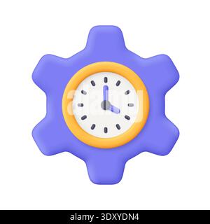Engrenage violet avec horloge jaune au centre. Gestion du temps, paramètres, planification, synchronisation du système, productivité et concept d'efficacité. icône de vecteur 3d. Illustration de Vecteur