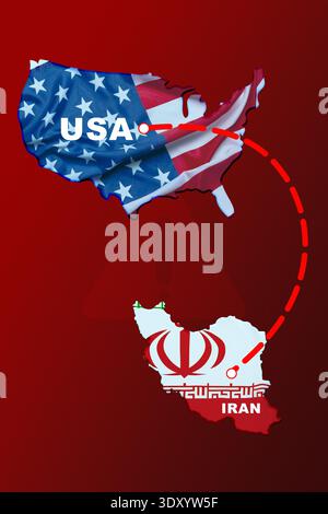Carte du conflit montrant le lien entre l'Iran et les États-Unis dans les tensions et les problèmes en cours Banque D'Images