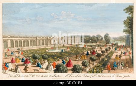 Vue du XVIIIe siècle du château de Triano vers le jardin des fleurs, au château de Versailles, estampe de Jacques Rigaud 1780-1815 Banque D'Images