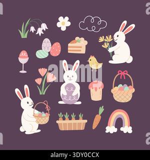 Ensemble de vecteurs d'éléments de Pâques. Joli lapin plat, poussin, oeuf, fleur et carotte illustration. Collection clipart de vacances de printemps pour autocollant, décor de pépinière Illustration de Vecteur