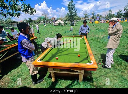 Les gens jouent au billard en plein air dans un parc à Oulan-Bator, Mongolie. Le soleil brille et un groupe se rassemble autour de la table en profitant du jeu. Banque D'Images