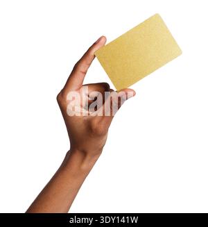 Main femelle tenant la carte en plastique vierge isolée sur blanc Banque D'Images