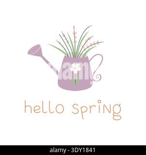 Arrosoir mignon avec plante de printemps et fleur. Illustration vectorielle pastel dessinée à la main avec une humeur fraîche. Parfait pour les cartes de vœux, l'impression de pépinière et Illustration de Vecteur