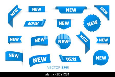 Collection de NOUVELLES étiquettes bleues, rubans et autocollants de différentes formes. Idéal pour les lancements de produits et les promotions. Illustration vectorielle Illustration de Vecteur