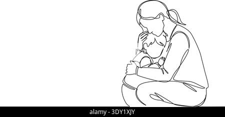 dessin en ligne continu de la mère apaisant l'enfant triste, illustration vectorielle d'art au trait Illustration de Vecteur