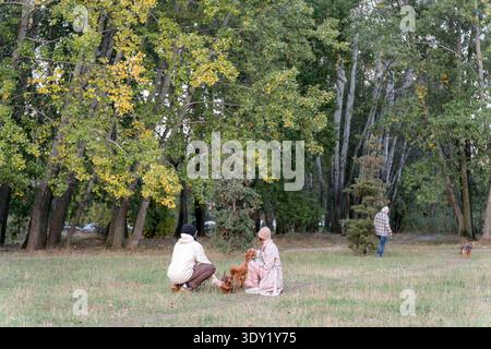 Jeune couple accroupi dans un parc d'automne, se liant joyeusement avec deux chiens - un doodle doré et un teckel. Un moment de vie chaleureux et franc en extérieur. Banque D'Images