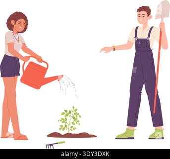 Les gens plantent des arbres. Femme arrosant des personnages de dessins animés boisés isolés sur fond blanc Illustration de Vecteur