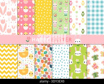 Ensemble vectoriel de motif sans couture avec de jolis motifs de Pâques avec des lapins, des papillons, des poules, des poulets et des formes géométriques Illustration de Vecteur