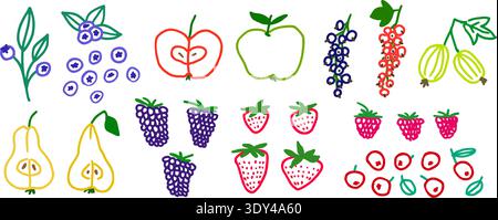 Ensemble coloré de fruits et baies dessinés à la main. Crayon doodle pomme, fraise, poire, myrtille. Dessin enfantin pastel vectoriel à la craie. Collection de croquis de contour de pinceau pour icône, menu, autocollant, étiquette Illustration de Vecteur