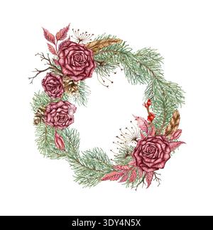 Couronne de roses Bourgogne, branches de sapin, cônes, fleurs séchées, branches sèches, plumes et baies rouges. Illustration aquarelle dans le style steampunk pour C. Banque D'Images