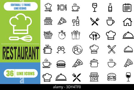 Collection d'icônes de contour modifiables du restaurant. Icônes de lignes fines définies. Illustration vectorielle simple Illustration de Vecteur