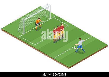 Coup franc de football isométrique avec mur défensif et gardien de but sur le terrain du stade. Concept de moment tactique de football. Compétition de championnat, travail d'équipe Illustration de Vecteur