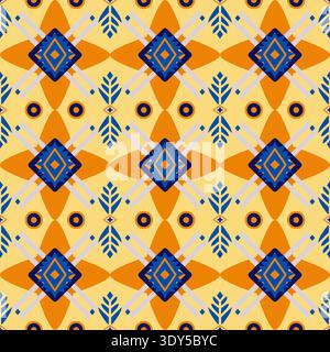 Motif tribal vibrant sans couture avec des ornements géométriques orange et bleu pour le textile, le tissu et le papier peint Illustration de Vecteur