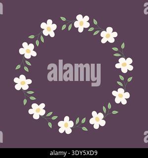 Illustration vectorielle de couronne florale. Joli cadre de cercle de fleur blanche plate. Bordure décorative botanique pour carte de voeux, invitation de mariage et printemps Illustration de Vecteur