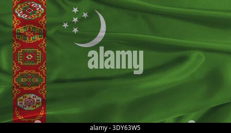 Drapeau du Turkménistan avec fond texturé en tissu. Gros plan du drapeau national du Turkménistan avec une texture réaliste Banque D'Images