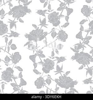 Modèle sans couture vintage avec silhouettes de fleurs roses grises dessinées à la main sur fond blanc Illustration de Vecteur