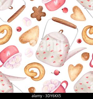 Motif aquarelle sans couture avec théières, biscuits, tasses de cacao, guimauves et bonbons. Fond de dessert hygge mignon dessiné à la main Banque D'Images