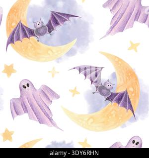 Modèle sans couture d'Halloween avec des chauves-souris, des fantômes et des lunes illustration d'aquarelle Banque D'Images