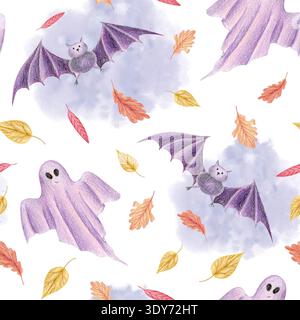 Modèle sans couture d'Halloween avec des chauves-souris, des fantômes et des feuilles d'automne illustration aquarelle Banque D'Images