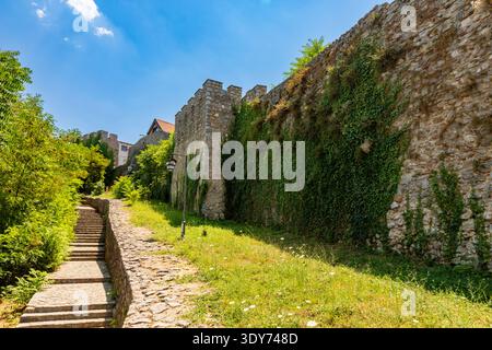 Chemin pavé et marches serpentent sous le ciel lumineux à côté d'un mur de pierre recouvert de lierre près du monastère près du lac Ohrid Banque D'Images