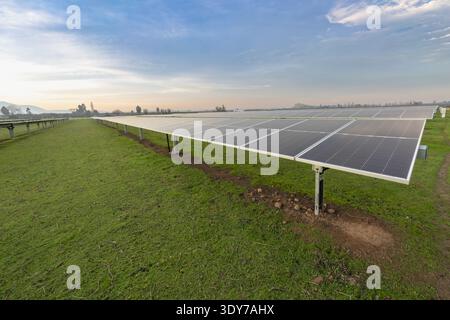 Rangées de panneaux solaires photovoltaïques installés sur les prairies, capturant la lumière du soleil tôt le matin avec des nuages mous et des collines lointaines. Banque D'Images