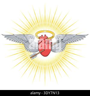 Un cœur anatomique réaliste percé d’une flèche, aux ailes majestueuses et au halo divin. Illustration vibrante avec des ombres détaillées et des couleurs intenses Illustration de Vecteur