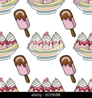 Modèle vectoriel sans couture de délicieux sundaes de crème glacée et popsicles trempés de chocolat, parfait pour les friandises estivales. Illustration de Vecteur