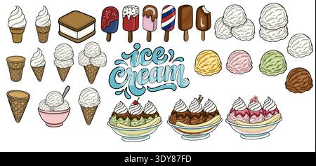Ensemble vectoriel de délicieuses illustrations de crème glacée, cônes, popsicles et fentes de banane Illustration de Vecteur