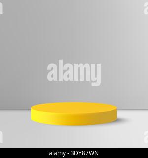 Podium jaune vif sur fond gris, scène 3D moderne pour le marketing créatif des produits Banque D'Images
