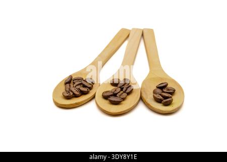 Trois cuillères en bois disposées côte à côte sur fond blanc, chacune contenant quelques grains de café torréfiés Banque D'Images