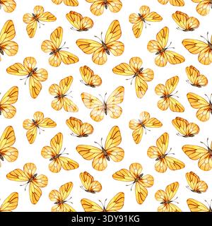 Motif sans couture dispersé de papillons jaunes aquarelle sur un fond blanc. Ce design léger et aéré est parfait pour les textiles sur le thème du printemps Banque D'Images