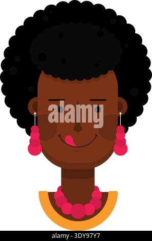 Femme aux cheveux courts bouclés et accessoires affichant une expression faciale indiquant la faim. Illustration de Vecteur