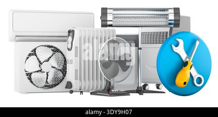 Concept de service de réparation HVAC avec ventilateur de chauffage de climatiseur et icône d'outils, rendu 3d isolé sur fond blanc Banque D'Images